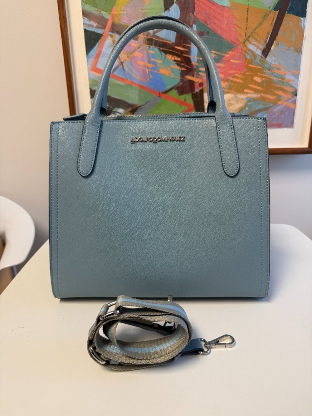 Adolfo Dominguez Blue Saffiano Leather Satchel Crossbody Bag